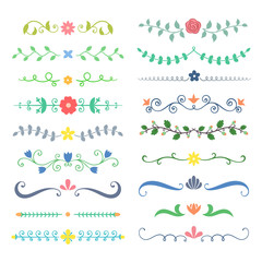 Collection of hand drawn colored flourish text dividers. Doodle botanical boders for typography design, invitations, greeting cards. Calligraphic and floral design elements.