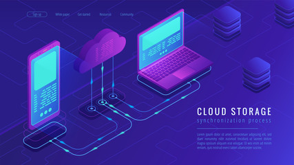 Isometric cloud storage landing page concept. Upload - download synchronization to cloud computing data storage with laptop and smartphone on ultra violet background. Vector 3d isometric illustration. - obrazy, fototapety, plakaty