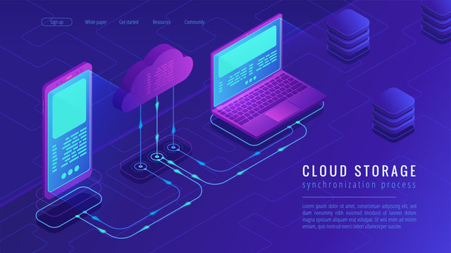 Isometric cloud storage landing page concept. Upload - download synchronization to cloud computing data storage with laptop and smartphone on ultra violet background. Vector 3d isometric illustration.
