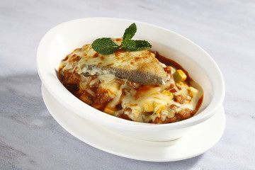 baked flatfish and beef rice