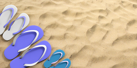 Fototapeta na wymiar Summer family vacation. Flip flops on sandy beach, top view, copy space. 3d illustration
