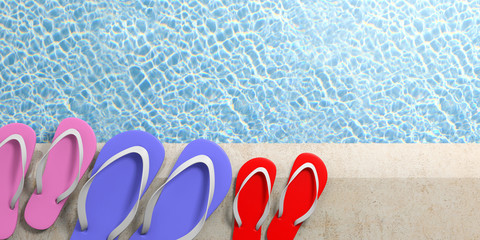 Summer family vacation. Flip flops by the pool, top view, copy space. 3d illustration