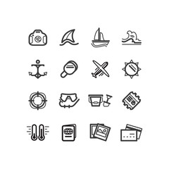 Travel and summer vacation sings set. Thin line art icons. Flat style illustrations isolated on white.