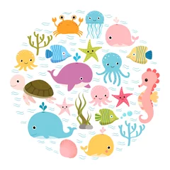 Abwaschbare Fototapete Meeresleben Niedliche bunte Cartoon-Meerestiere im Kreis für Babydesigns, Kindereinladungen und Sommergrußkarten