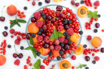Fresh and sweet summer berries in plate on white background. Raspberry, blackberry, redcurrant, currant, gooseberry,  apricot, cherry and mint. Top view.