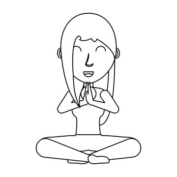 cartoon woman doing yoga with lotus posture over white background, black and white design. vector illustration