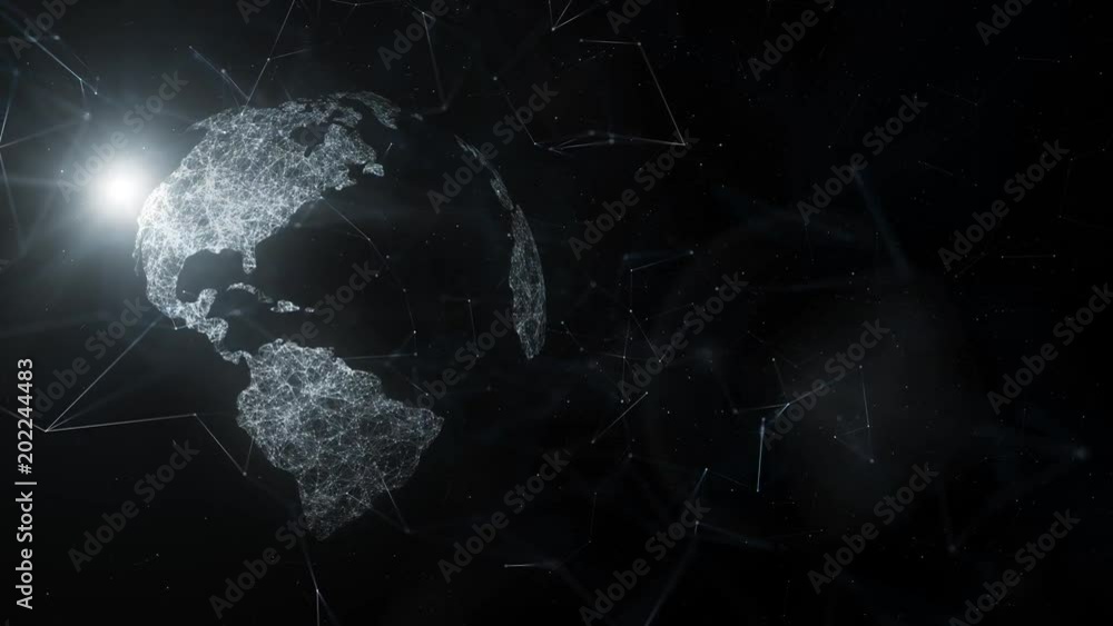Poster abstract earth planet network with sunlight animation. view from space.