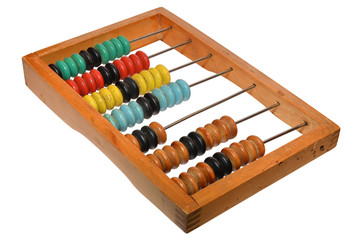 Vintage baby multi-colored wooden abacus were in use isolated on white background