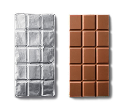 Top view of milk chocolate bar and chocolate bar in foil. Isolated on white background