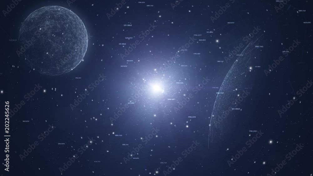 Poster futuristic planets motion with artistic network numbers in the universe.