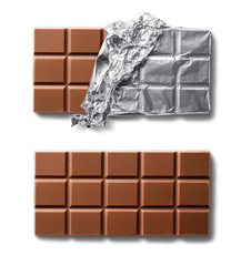 Top view of milk chocolate bar and chocolate bar in foil. Isolated on white background