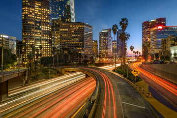 Fototapeta na wymiar Downtown Los Angeles at night with car traffic light trails