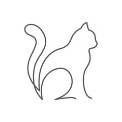 Cat continuous line drawing - cute pet sits with and holds tail high side view.