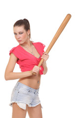 brunette woman with baseball bat. isolated