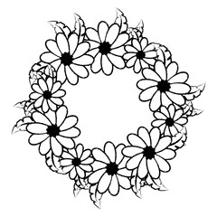 wreath of beautiful flowers and leaves over white background, black and white design. vector illustration
