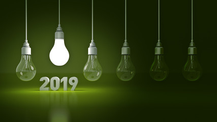 2019 New Year sign inside light bulbs. 3D rendering
