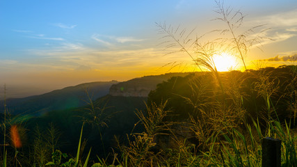 Sunset on the rock face with vegetation in the foreground