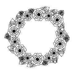 decorative floral wreath icon over white background, black and white design. vector illustration