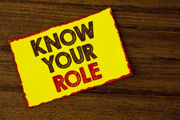 Handwriting text writing Know Your Role. Concept meaning define position in work or life Career Life goals active written on Yellow Sticky note paper on the wooden background.