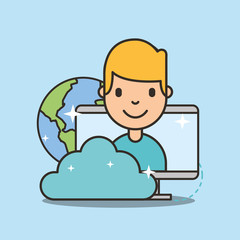 young boy on computer screen social media cloud global vector illustration