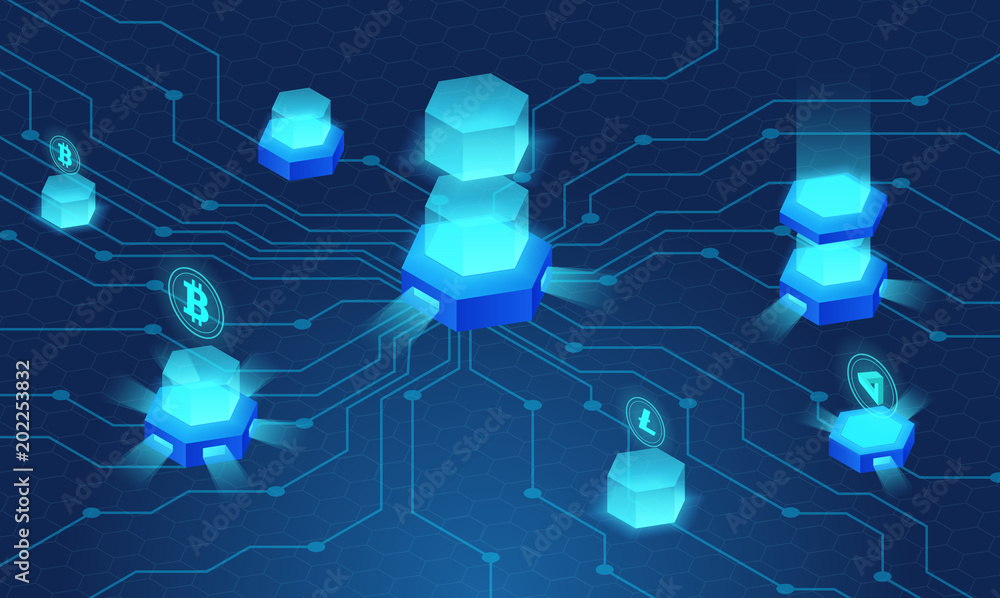 Poster Cryptocurrency and blockchain concept, data web powered center, cloud data storage, neural network isometric vector illustration. Web design, presentation banner.