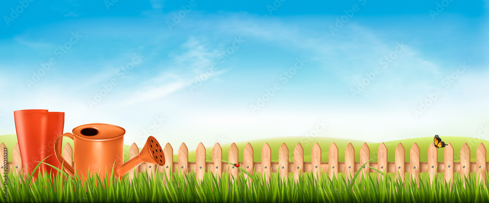 Poster rubber boots with watering can in a green grass on garden background. vector