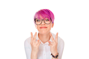 Excited woman showing two fingers on white
