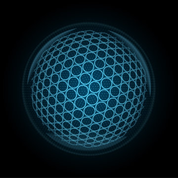Vector image of a golf ball made of glowing lines, points and polygons