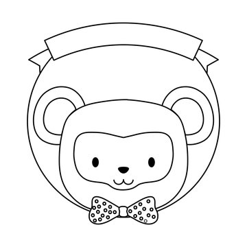 emblem of cute animals concept with decorative ribbon and cute monkey icon over white background, vector illustration 