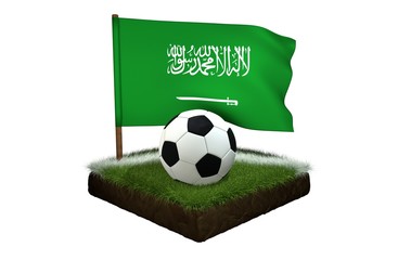 Ball for playing football and national flag of Saudi Arabia on field with grass