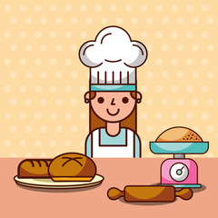 chef girl making bread flour roller pin scale vector illustration