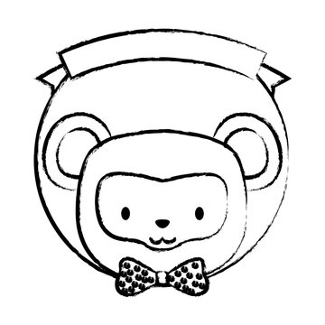 sketch of emblem of cute animals concept with decorative ribbon and cute monkey icon over white background, vector illustration 