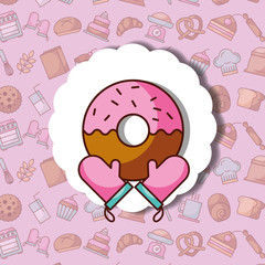 Naklejka premium sweet donut and gloves label dessert bakery background vector illustration