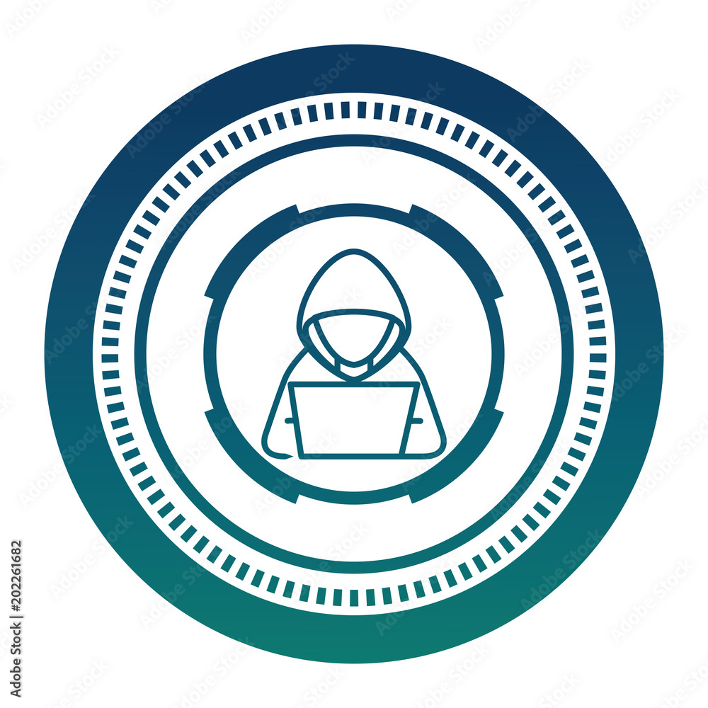 Aufkleber cyber security hacker character with laptop vector illustration