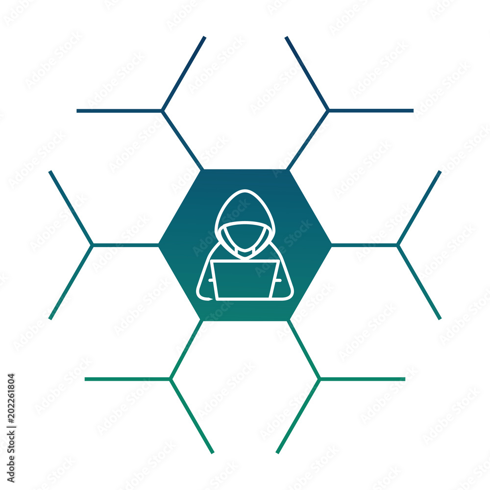 Aufkleber cyber security hacker character with laptop vector illustration