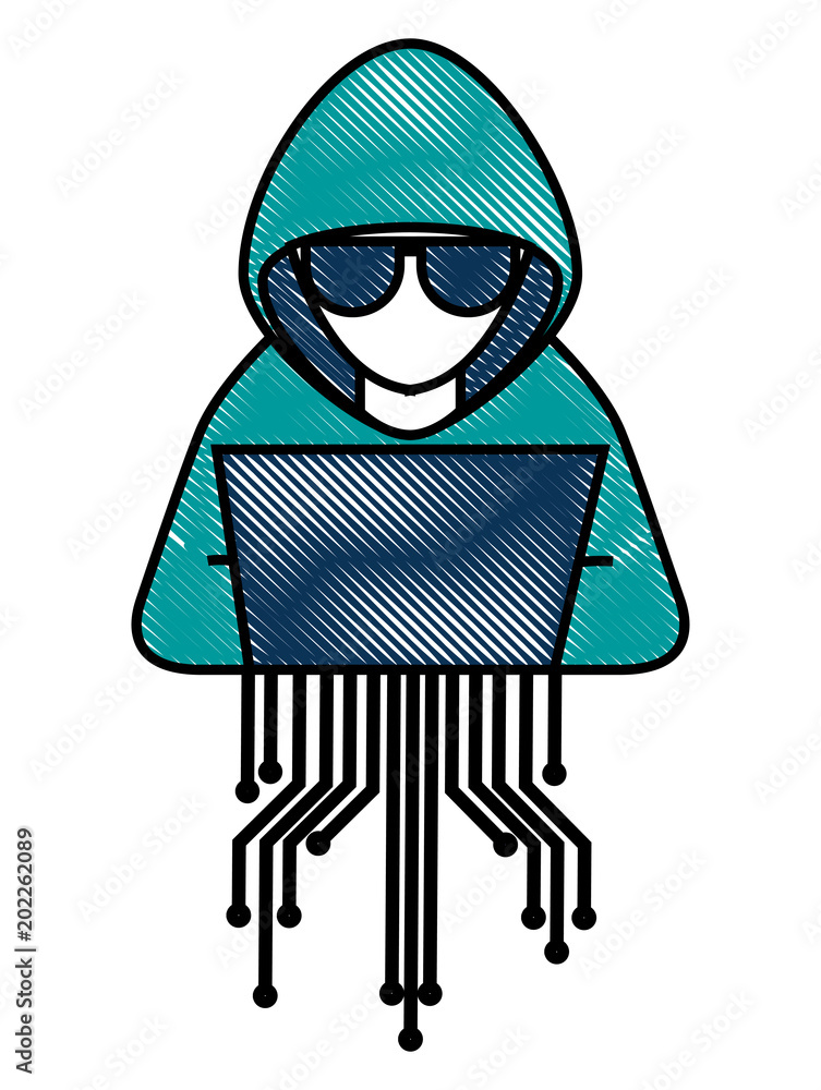 Poster cyber security hacker character with laptop vector illustration