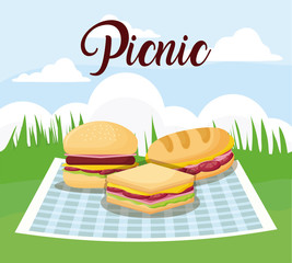 picnic landscape concept with hamburger and sandwichs, colorful design. vector illustration