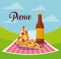 picnic landscape concept with pizza and beer bottle, colorful design. vector illustration