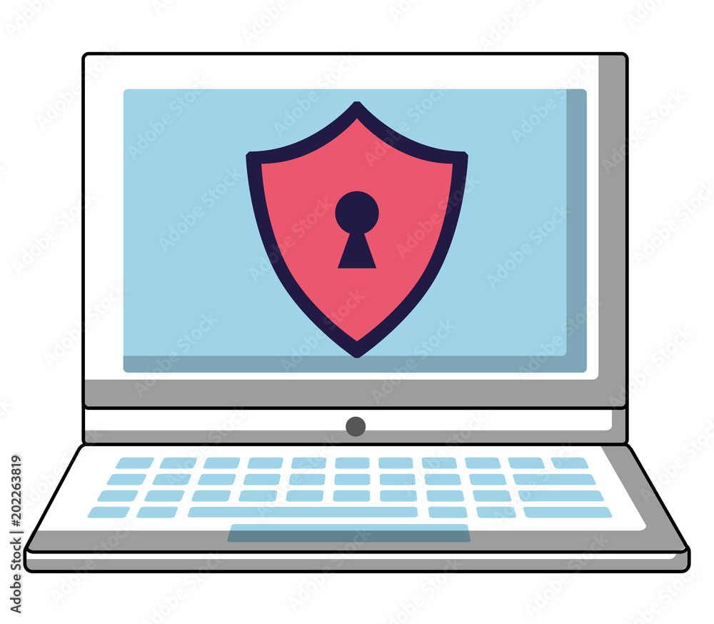 Poster laptop computer with security shield vector illustration design