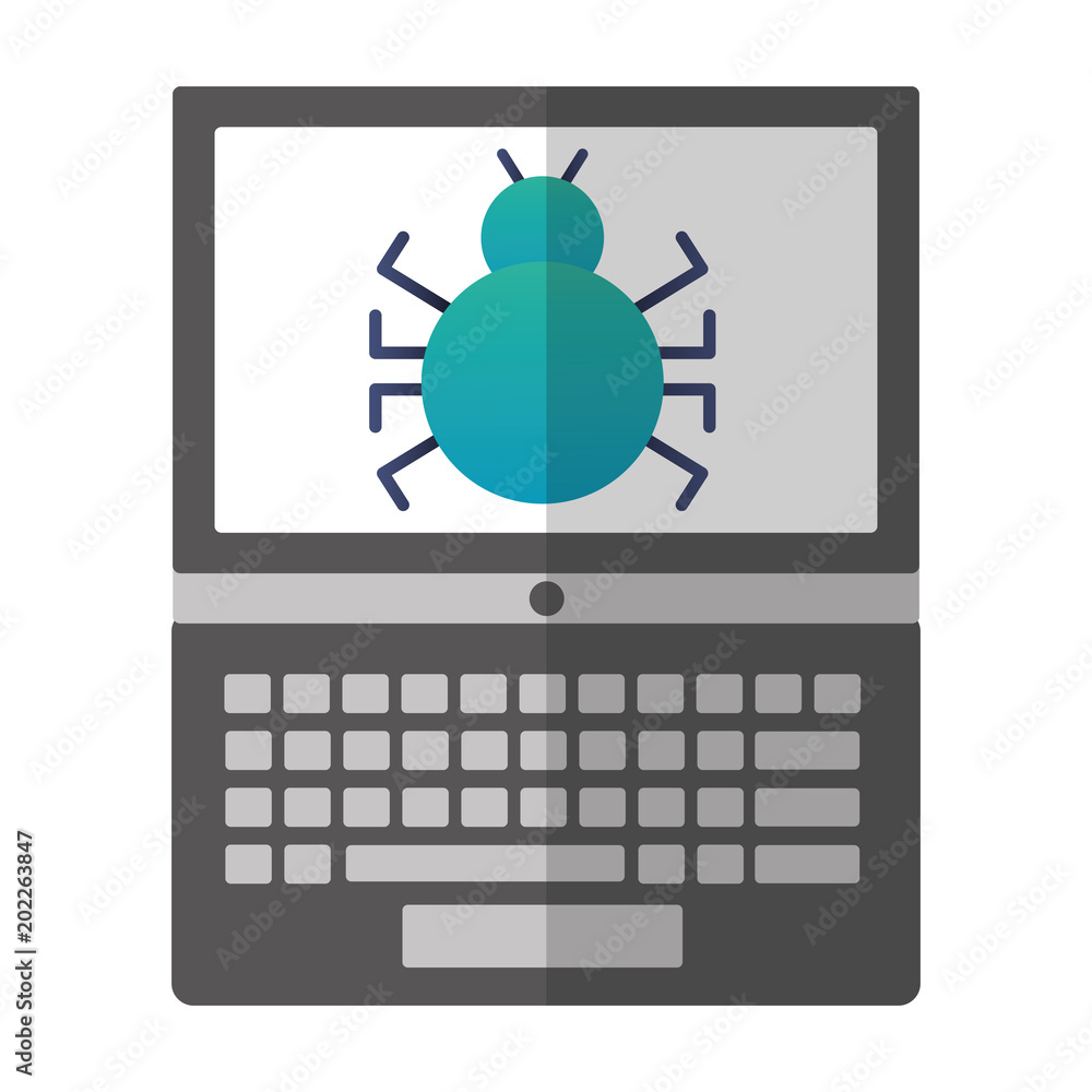 Poster laptop computer with bug virus vector illustration design