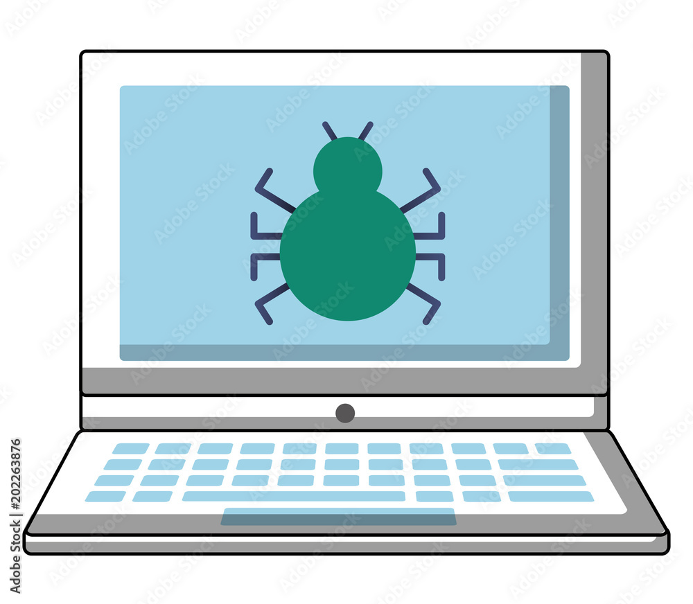 Poster laptop computer with bug virus vector illustration design