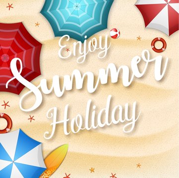 Enjoy summer holidays background. Top view of many umbrellas, surfboard, buoy, starfish, and beach ball