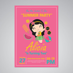 Cute aloha girl on pink background vector cartoon illustration for happy birthday card design, postcard, and wallpaper