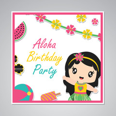 Cute aloha birthday party girl vector cartoon illustration for birthday card design, postcard, and wallpaper