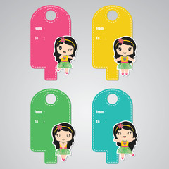 Cute aloha girl custom vector cartoon illustration for birthday gift tags design, postcard and sticker set