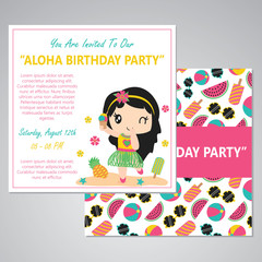 Cute aloha girl party vector cartoon illustration for birthday card design, postcard, and wallpaper