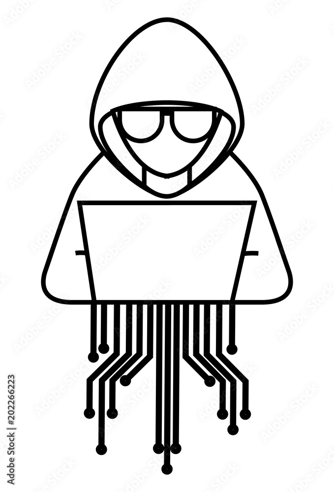 Poster hacker with laptop character and circuit electric vector illustration design