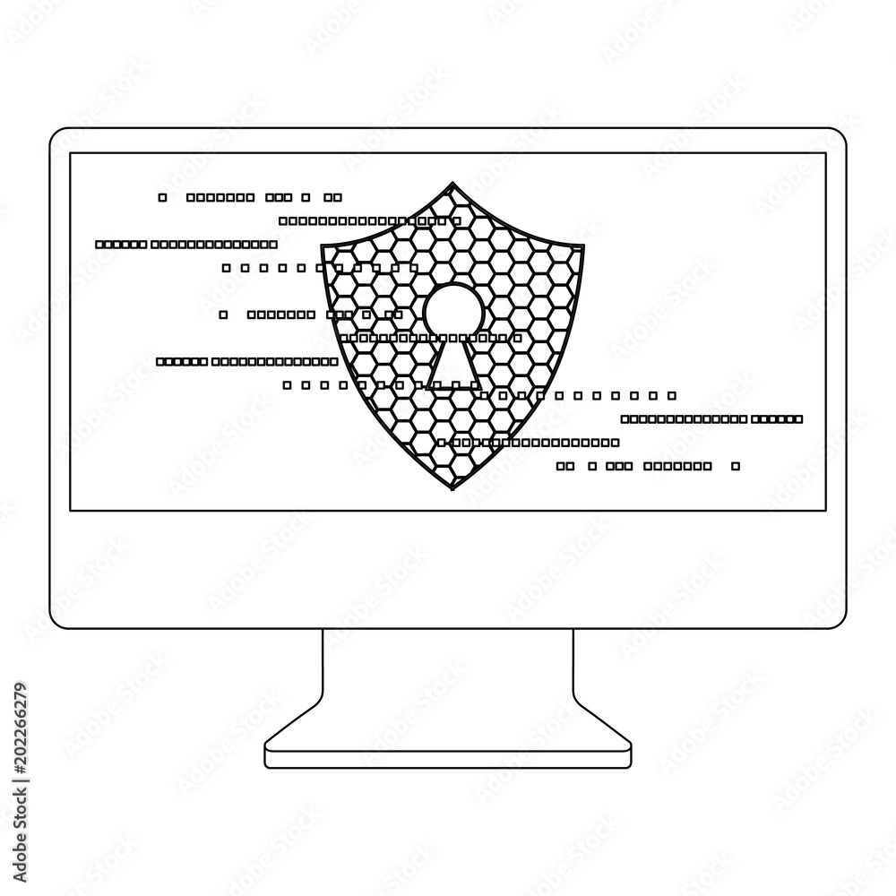 Poster monitor computer with shield guard vector illustration design