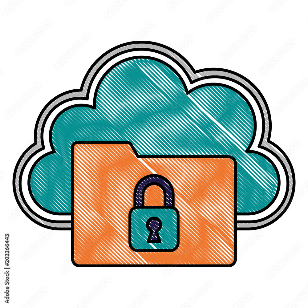 Poster cloud storage folder files data padlock cyber security vector illustration drawing