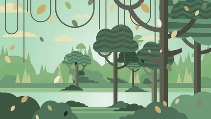 Poster Groen bos silhouet natuur landschap abstracte achtergrond plat ontwerp. Vectorillustratie. © Man As Thep